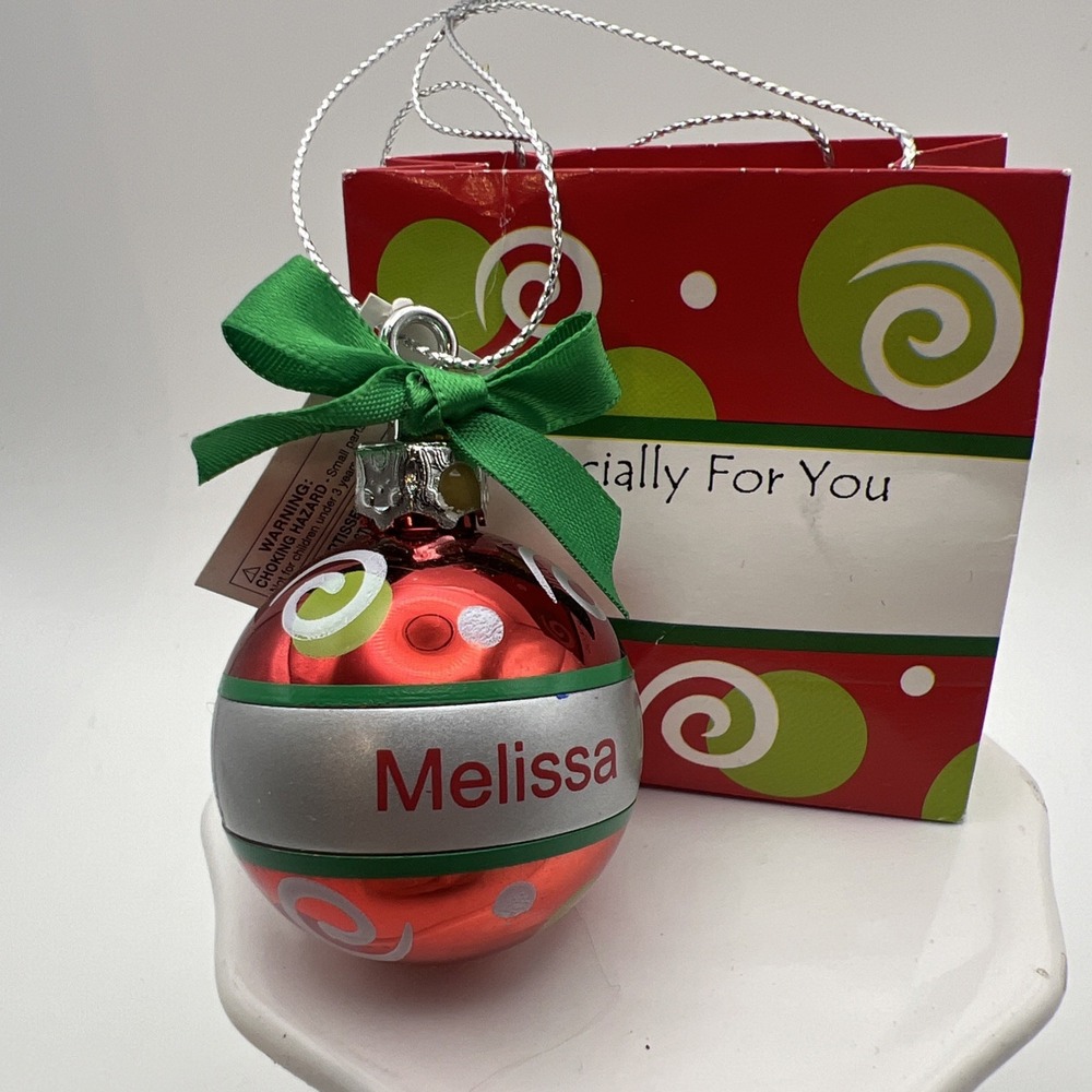 GANZ Mini Christmas Ornament Round Ball Shiny-  "Melissa" With Mini Bag